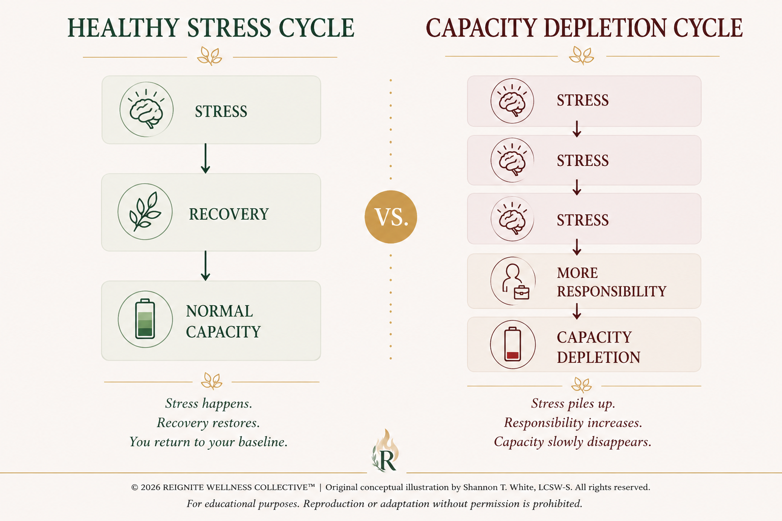 Comparison of the healthy stress cycle — stress, recovery, normal capacity — beside the capacity depletion cycle, where repeated stress and more responsibility lead to capacity depletion
