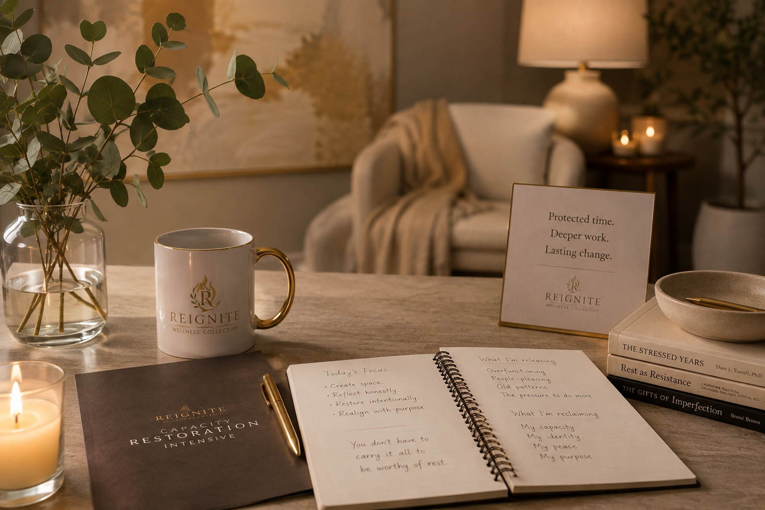 A REIGNITE Intensive workspace — journal, branded mug, and candlelit retreat setting