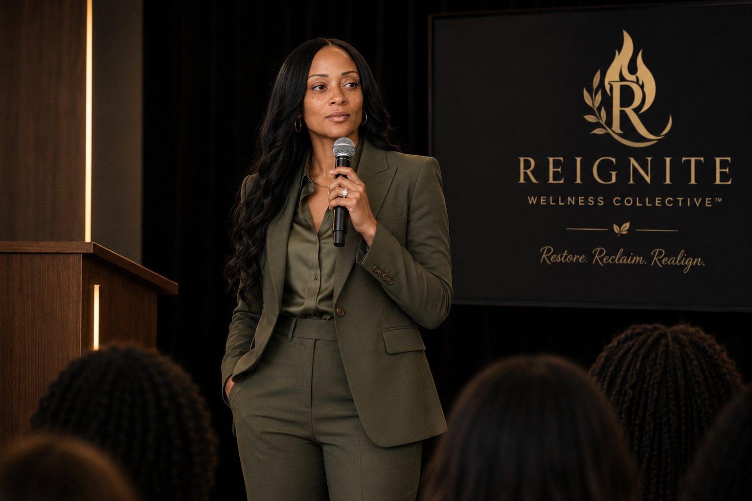 Shannon speaking on stage at a REIGNITE Wellness Collective event