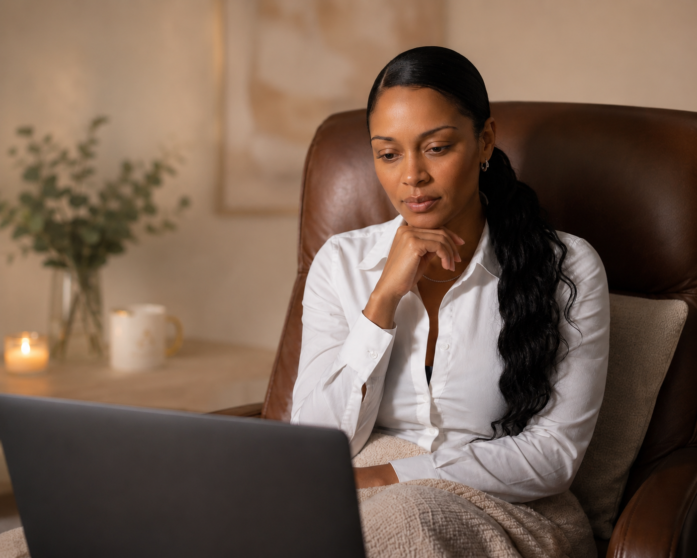 An African American woman in a serene sunlit room looking at her laptop during a virtual therapy session