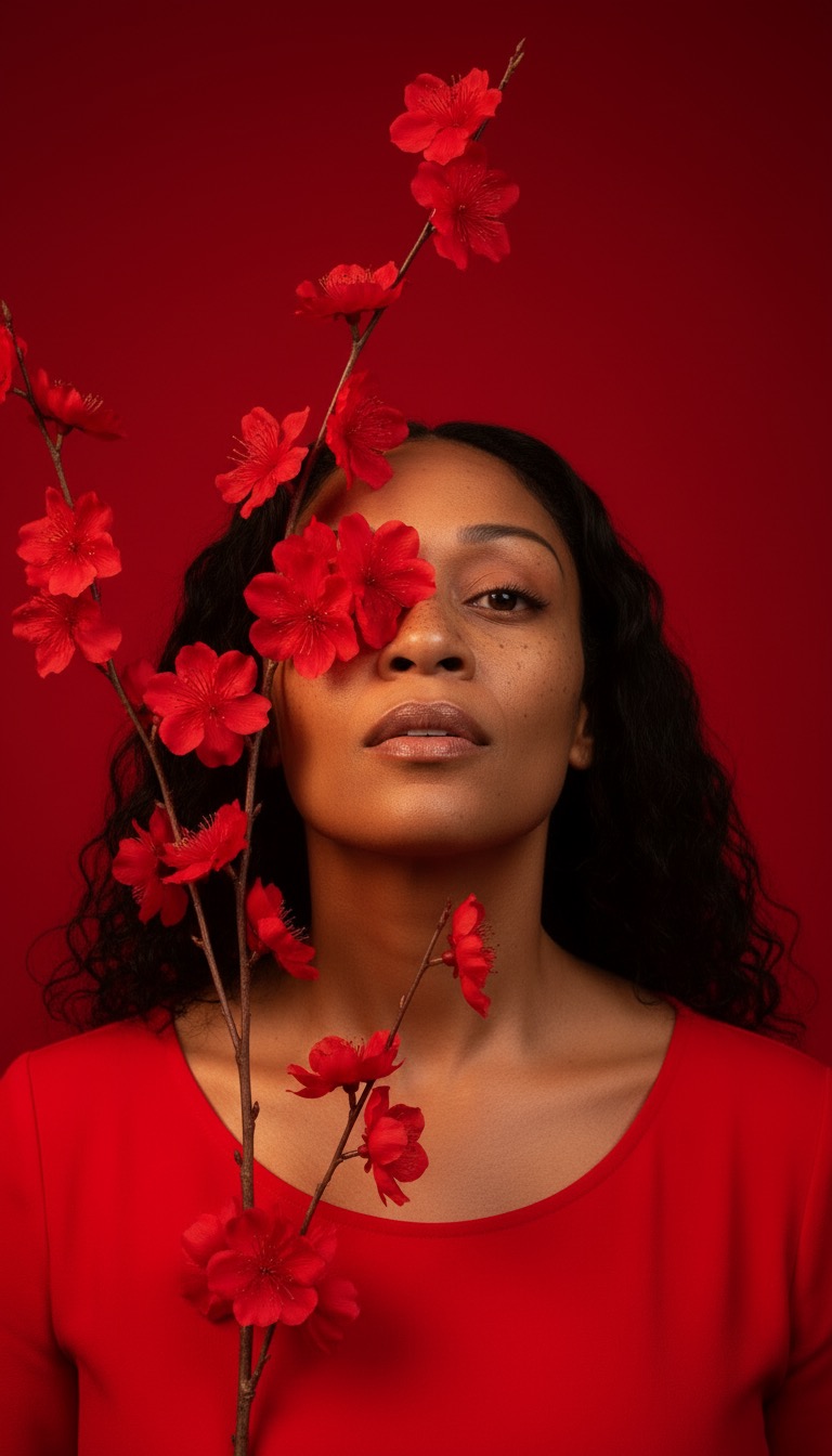 Portrait of a woman framed by red blossoms against a deep red background